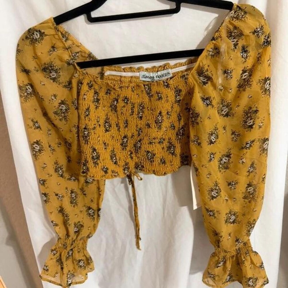 Almost Famous Mustard Yellow Floral Puff Sleeve Crop Top